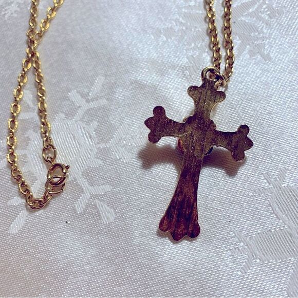 Cross Necklace w/ Glass Rhinestones on Gold Tone Chain 24” Gorgeous - Picture 2 of 4